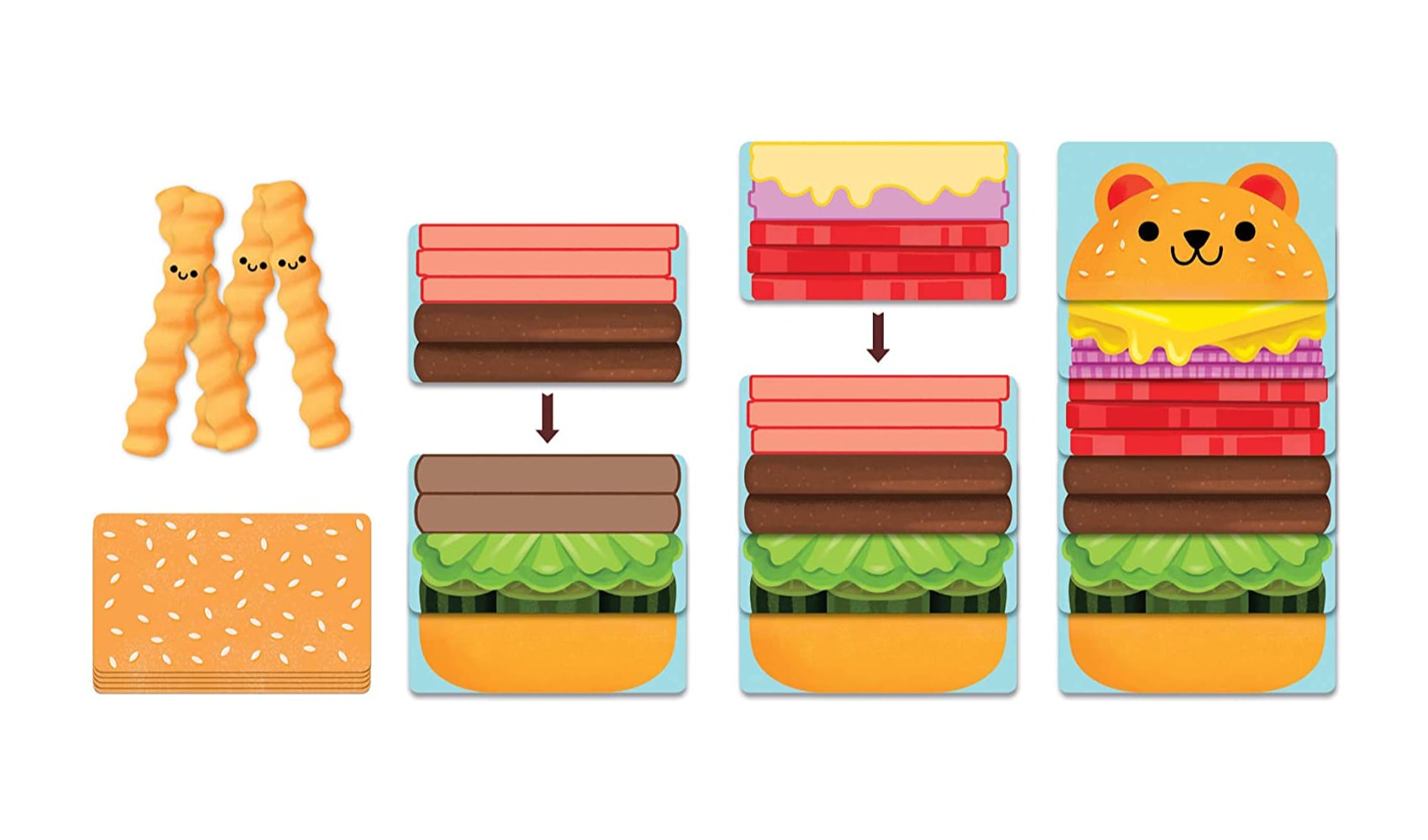 Burger Bear Game Parts Showing Cards with burger parts that layer and French fries with faces