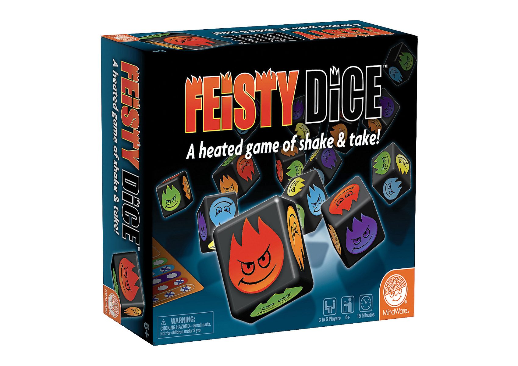 Feisty Dice Game box showing multicolored dice with flame faces