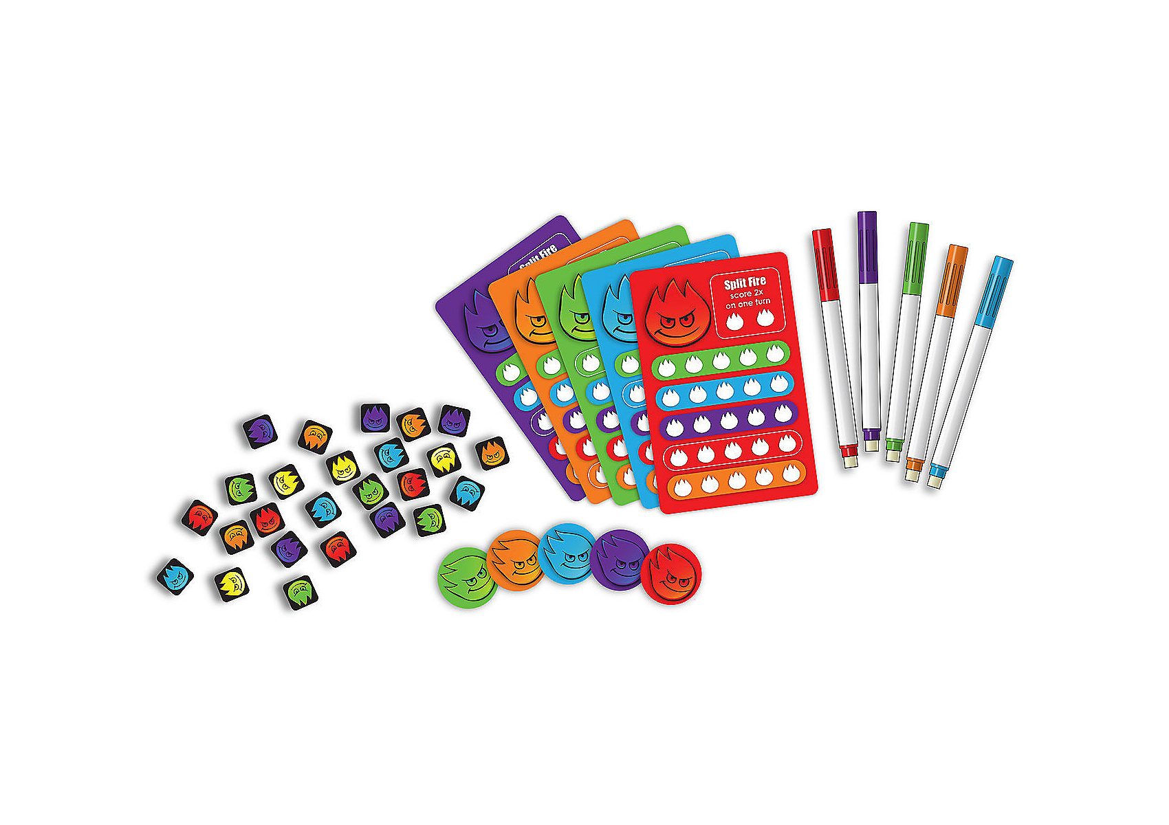 Feisty Dice Game parts showing multicolored dice with flame faces, 5 tokens, 5 colored player boards and matching dry erase markers.