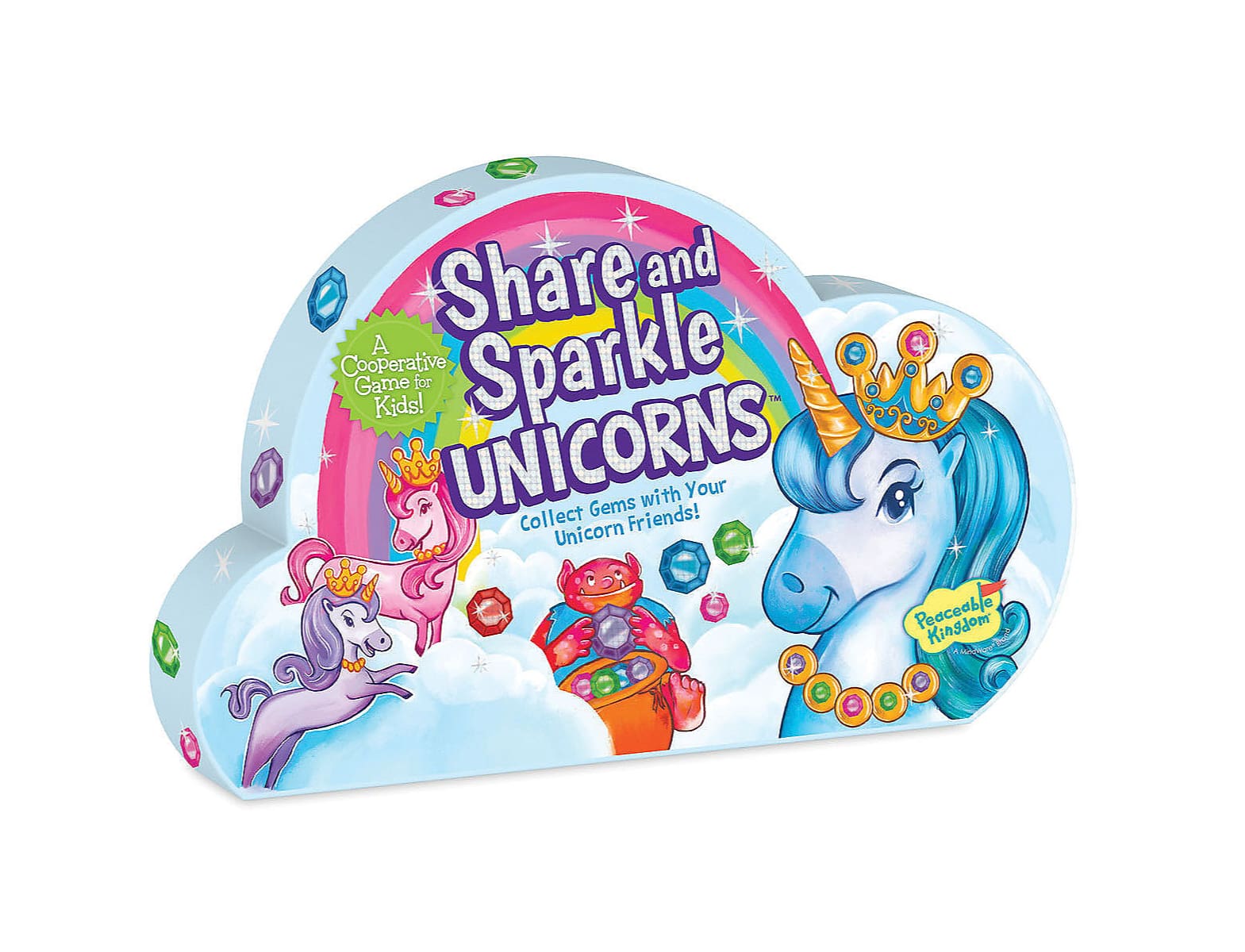 Share and Sparkle Unicorns Box with large unicorn with gems on her necklace and crown and a troll