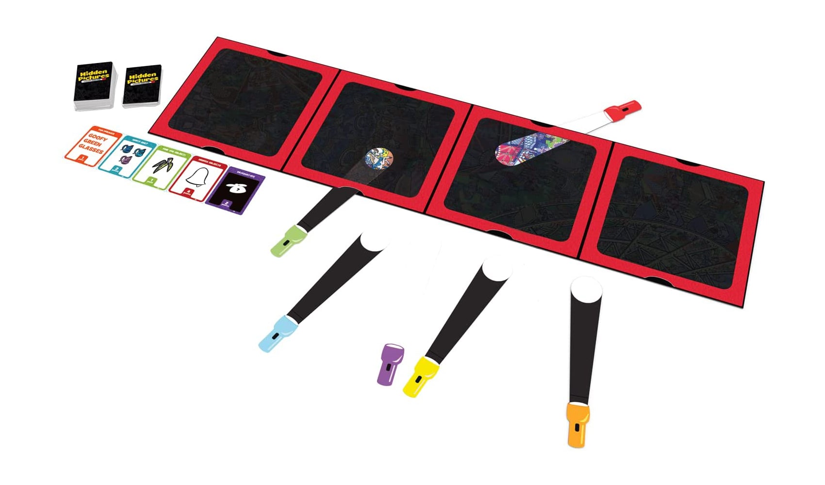 oversized board with 4 panels, multiple flashlights with two inserted into the board, multiple types of cards