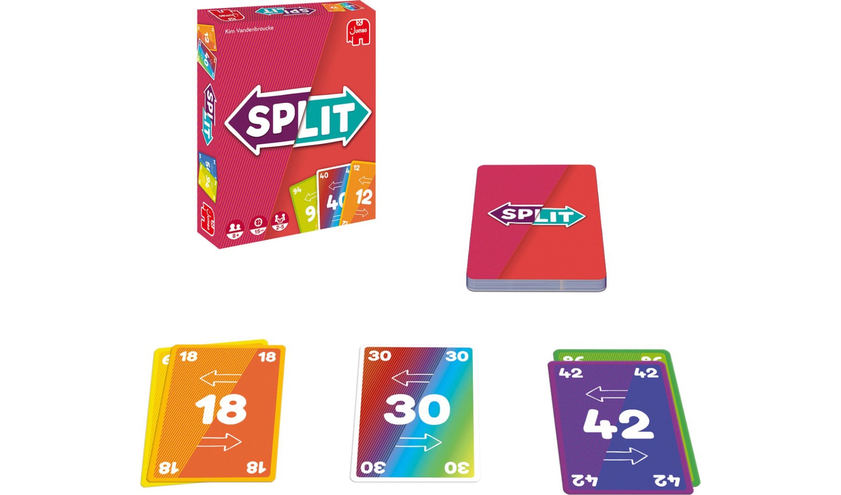 Split box showing numbered cards in the lower right corner with a face-down Split deck, three numbered discard piles with the lowest number 18 on the left, a rainbow 30 card in the middle and a 42 card on the right