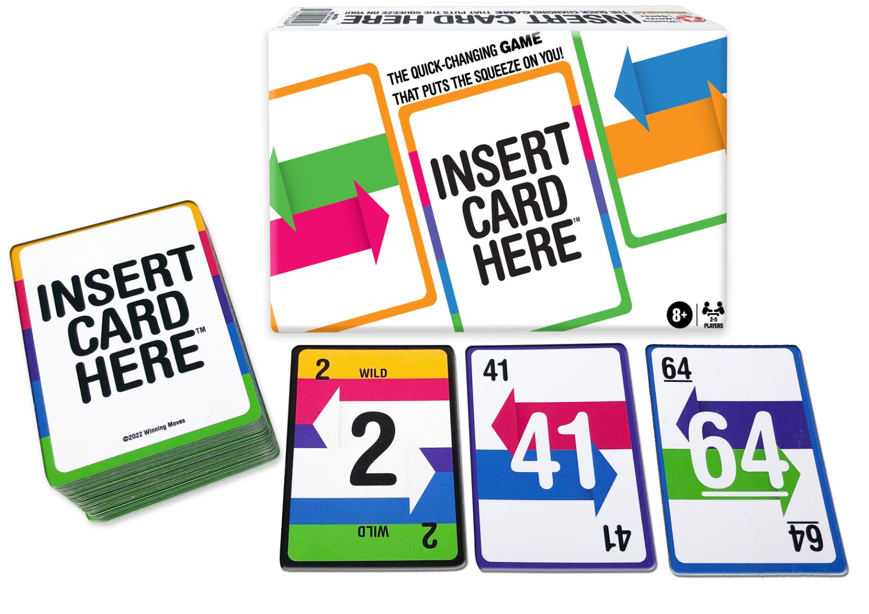 Insert Card Here game box showing a deck of cards and the three cards laid out next to each other as if the game is going to be played.