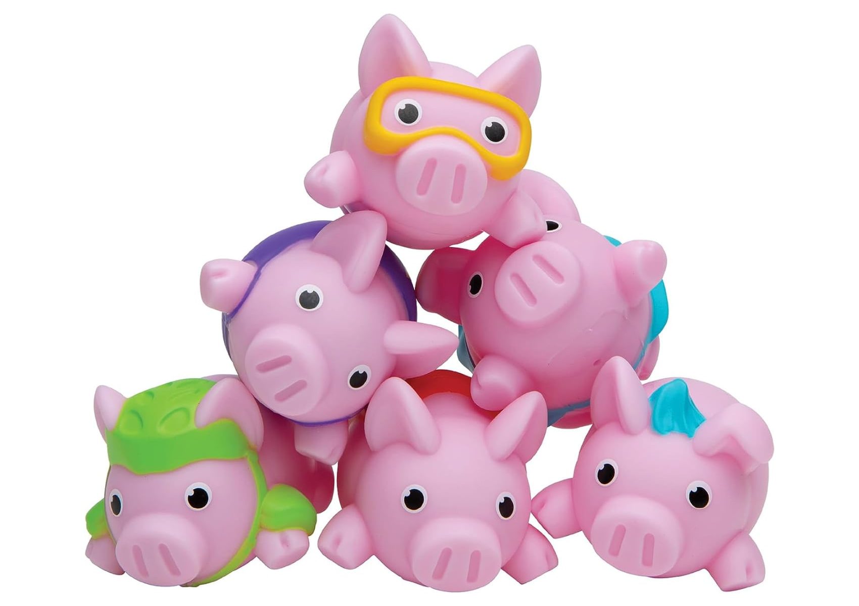 stack of six pigs from pigs on trampolines game. each pig has a different colorful attribute such as hair or goggles